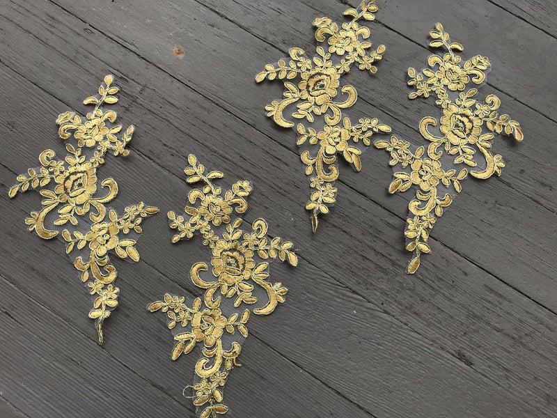 lynncollection A110 Two Pairs Gold Color Lace Appliques,Wedding Applique, Lace Appliques, Embroidered Appliques - Image 1